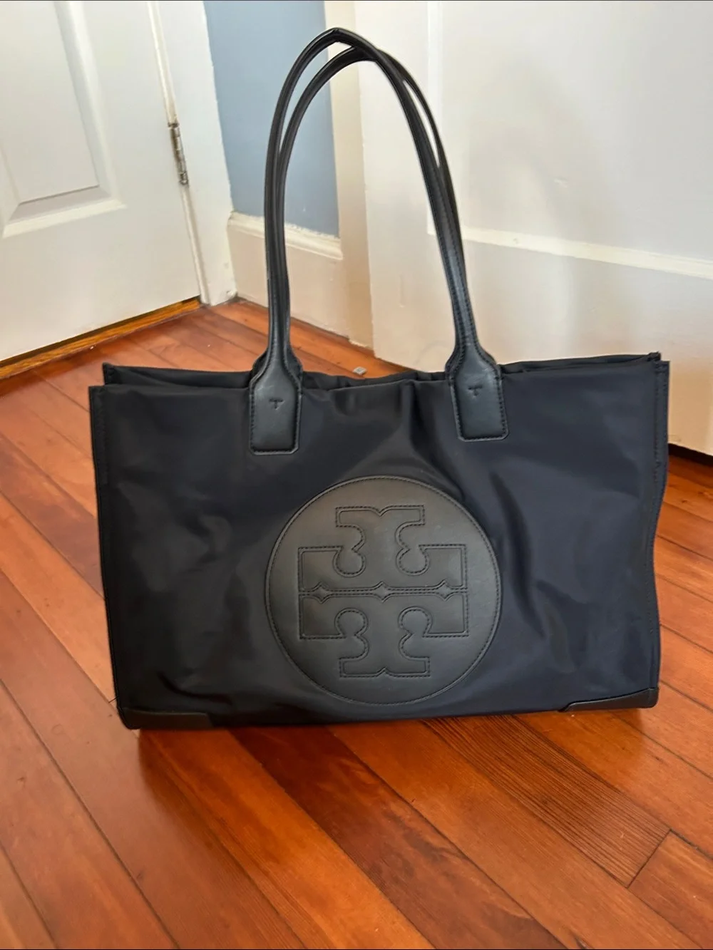 Tory Burch Black Nylon Tote Bag with Black Leather Trim and Logo